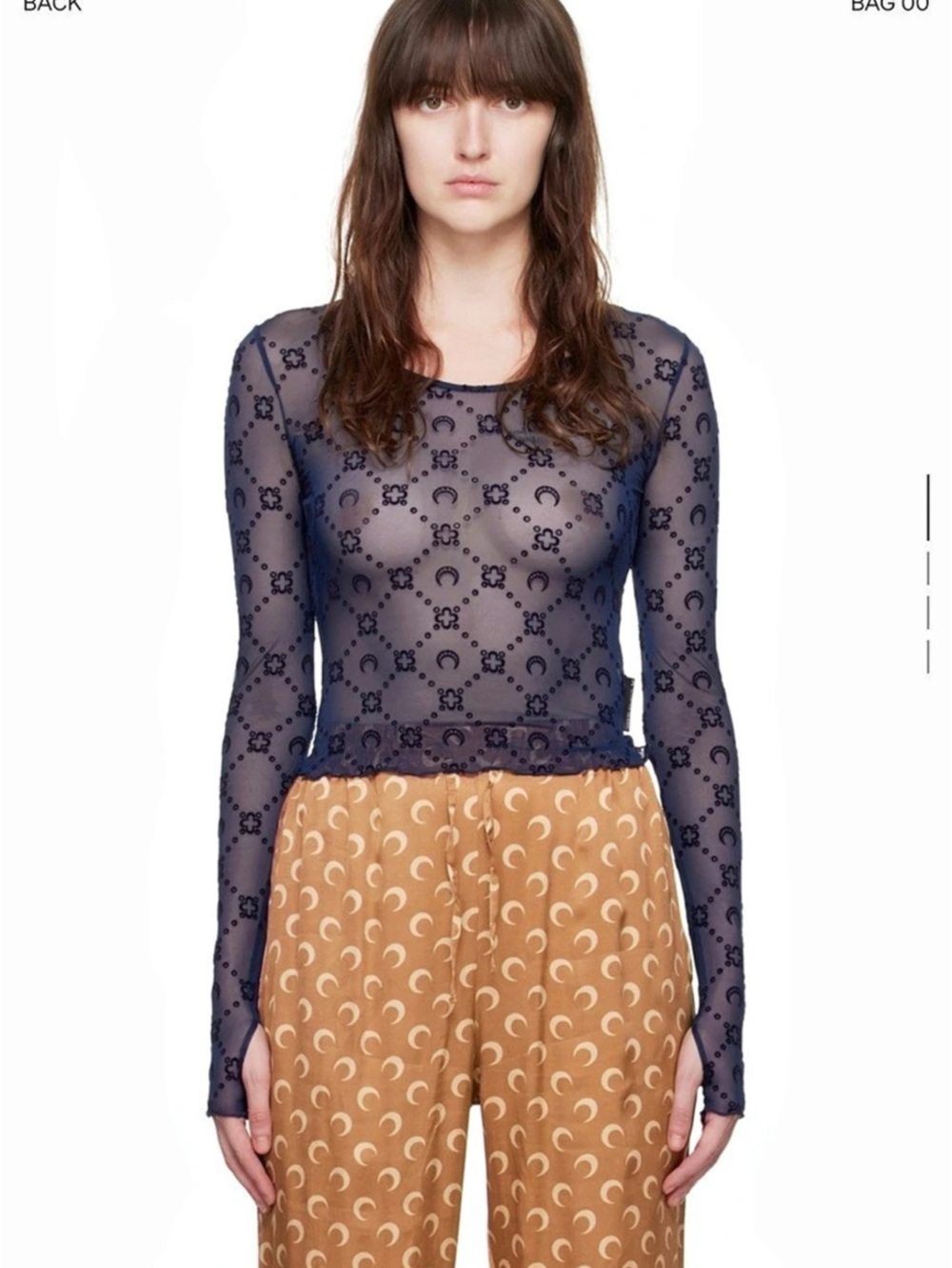 Marine Serre Moonogram Mesh Flock Long-Sleeve Roundneck Top Long Sleeve